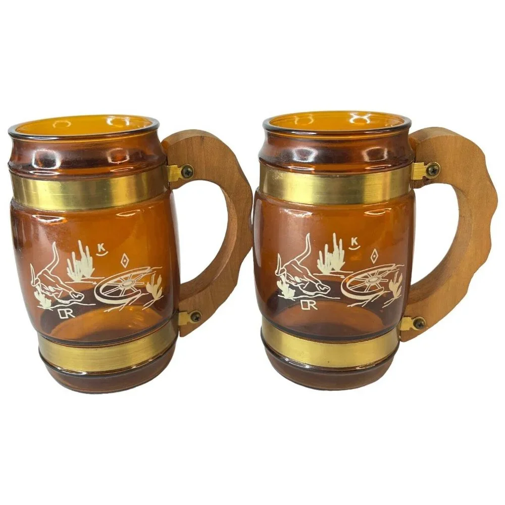 6 SiestaWare‎ Western Roundup Barrel Mug Wood Handle Wagon Wheel Skull CampFire